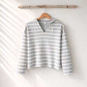 J.Crew Classic Terry Hoodie Gray White Stripe Nautical Beach Pullover Womens M